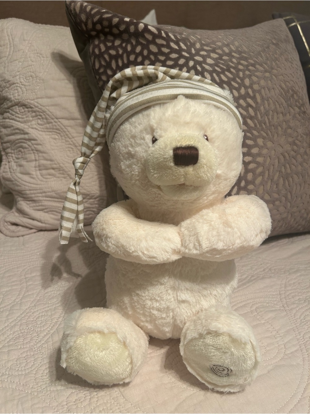 Gund Cream Plush Teddy Bear with Striped Sleep Cap